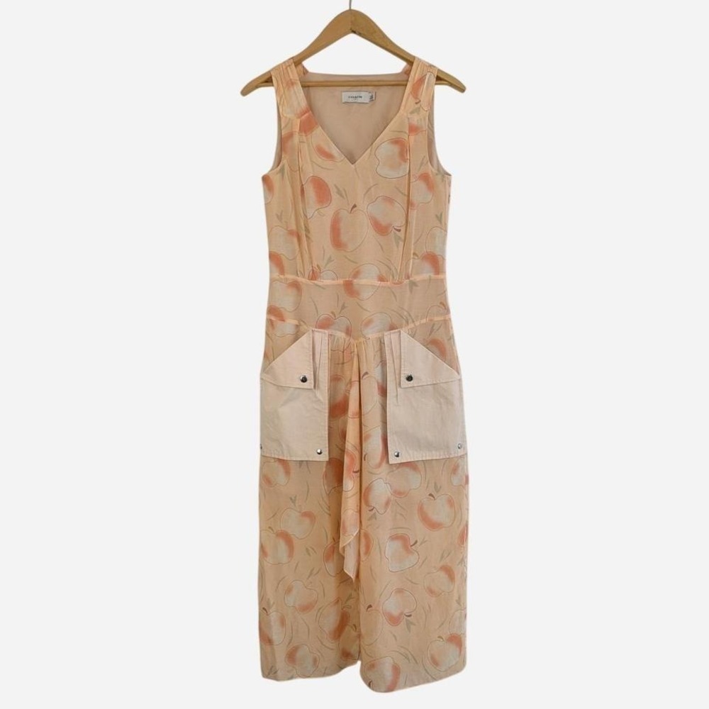 Coach Apple Print V-Neck Cargo Pocket Midi Dress Blush Peach Size 0 - Picture 4 of 11
